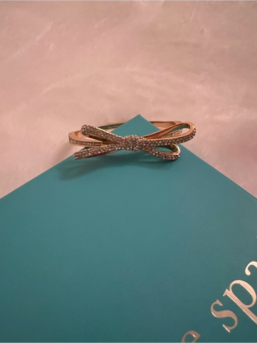 kate spade gold-tone bow crystal hinge bangle with teal box - Picture 2 of 3